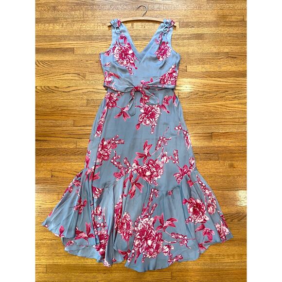 White House Black Market Tie Front Floral Maxi Dress Sz 8 Gray Satin Fit & Flare - Picture 12 of 12